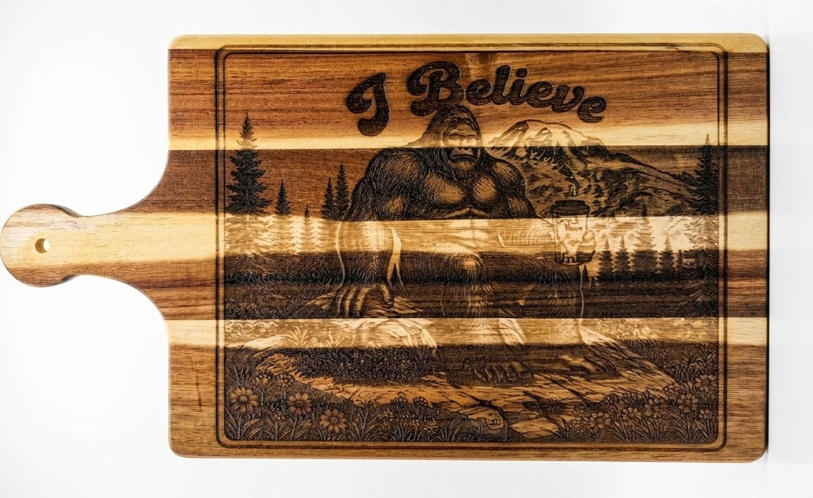 I Believe Bigfoot Acacia Cutting Board – Dutch Bros Inspired Engraved Serving Board